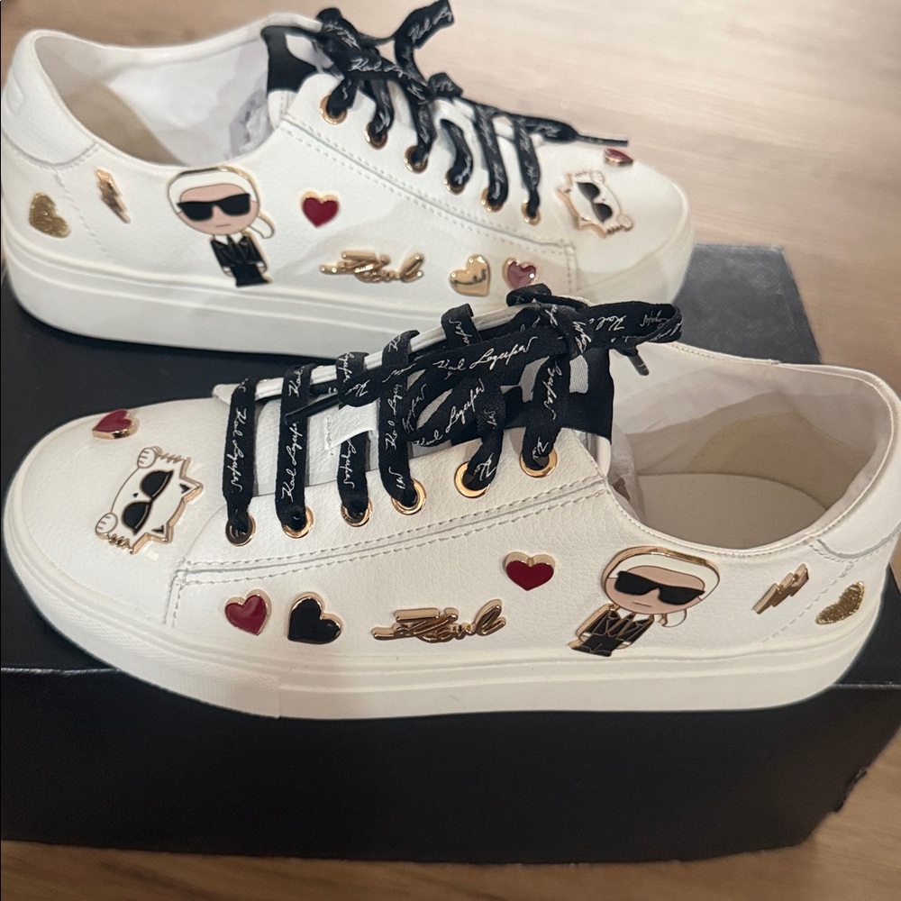 Karl Lagerfeld White Sneakers with Black Laces and Gold Details women’s size 6.5